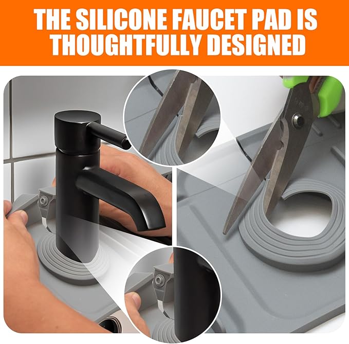Dark-Gray 24" Longer Silicone Faucet Mat – Quick-Dry Button Style Drip Catcher 6° Slope Splash Guard | Easy-to-Use Behind Faucet Drain Mat for Kitchen Bathroom Countertops