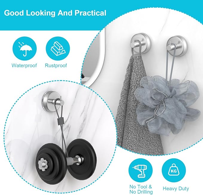 HUFEEOH Suction Cup Hooks for Shower, 2 Pack Wall Hooks Shower Towel Hook Towel Holder for Hanging, Removable Towel Suction Cup Hooks Bathroom Towel Hook for Towels (Silver)