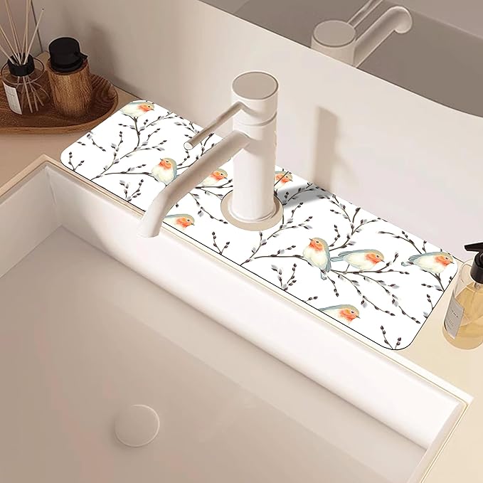 Willow Branches and Robin Dish Drying Mat for Kitchen Sink Splash Guard Behind Faucet Sink Mat Absorbent Fast Drying Faucet Draining Mat for Bathroom Kitchen 5.5"×15"