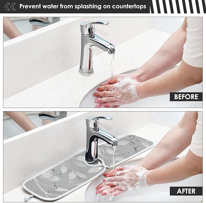 2 PCS Kitchen Sink Splash Guard 14.9 Inch Faucet Mat for Kitchen Sink Bathroom Sink Faucet Absorbing Drip Drain Mat Pad Microfiber Soft Washable Green and Grey Leaves