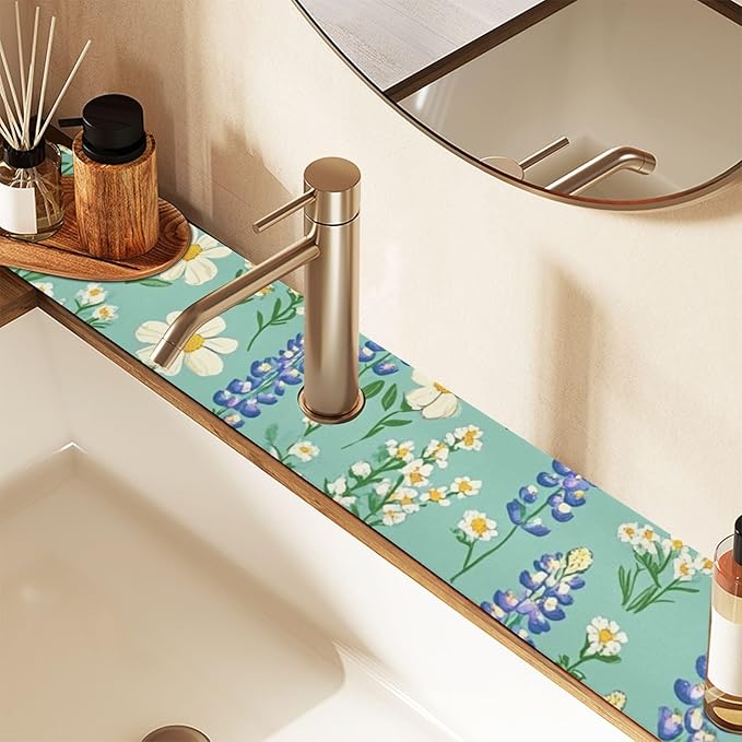 Kitchen Sink Splash Guard 2 PCS 14.7 Inch Sink Faucet Mat Splash Guard for Bathroom Countertop Water Absorbent Foldable Cuttable Soft Washable Cute Green Bluebonnet and Daisies