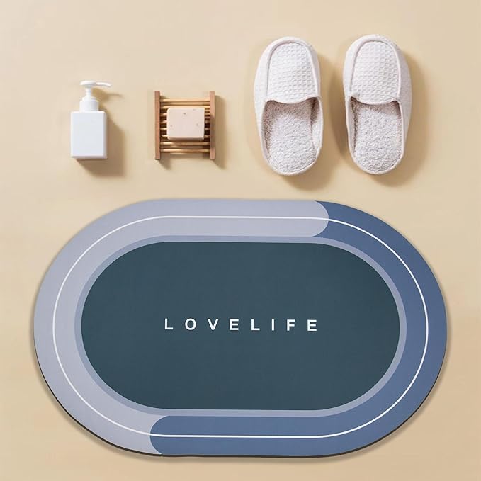 Rubber Bath mats Quick-Drying Non-Slip Bathroom mat Super Absorbent Bath mat Instant Dry Bath mat, Bathroom Rug in Front of The Kitchen Sink, Shower Room, Bathtub, Oval(Blue+16.9x26.7in+16.9x35.4in)
