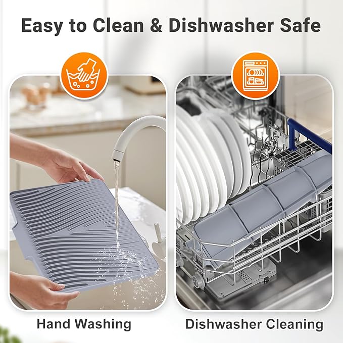 Silicone Dish Drying Mat for Kitchen Counter, 15.8" x 13"Dish Drying Pad, Non-Slip Drain Pad with Built-in Drain, Heat Resistant Stone Drying Mat, Grey