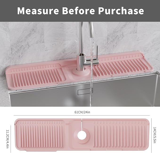 WAFT YEARN 24X5 Inch Silicone Durable Faucet Mat Kitchen Sink Splash Guard Draining Protector Tray Liner Absorbent Protective Counter Accessories For Sink Kitchen Bathroom Laundry Room Bar & RV Pink