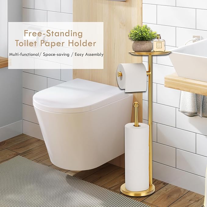 Toilet Paper Holder Freestanding with Big Shelf, 4 Rolls Reserve Paper Holder Stand, Modern Paper Roll Holder with Storage Space for Phones (Gold)