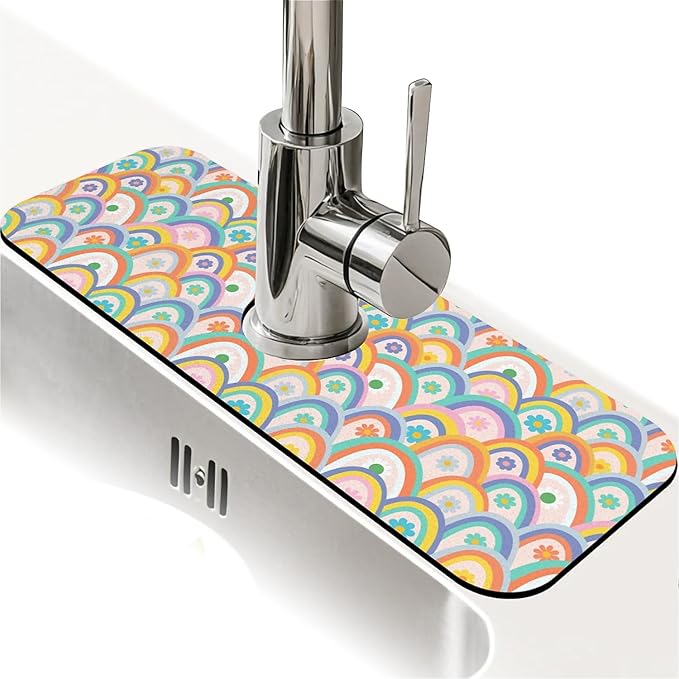 Faucet Draining Mat For Kitchen Sink, Boho Rainbow Hippie Floral Diatom Mud Absorbent Drain Pad For Bathroom Kitchen Sink Splash Guard Drying Mat
