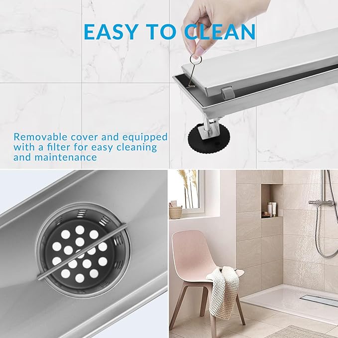 12 Inch Linear Shower Drain Silver Floor Drain for Bathroom Kitchen Rectangular 2 in 1 Floor Drain Tile Insert Cover 304 Stainless Steel Easy Install with Hair Strainer, Adjustable Leveling Feet