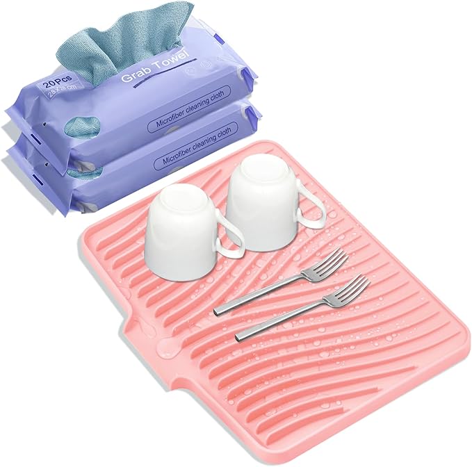 Silicone Dish Drying Mat, Stone Drying Mat for Kitchen Counter with Built-in Drain, Non-Slip 16" X 12" Drying Matt Kitchen Counter and Grey Microfiber Cleaning Cloth, Cleaning Rags Set(Pink)