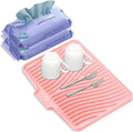 Silicone Dish Drying Mat, Stone Drying Mat for Kitchen Counter with Built-in Drain, Non-Slip 16" X 12" Drying Matt Kitchen Counter and Grey Microfiber Cleaning Cloth, Cleaning Rags Set(Pink)