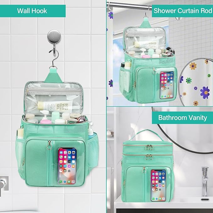 Portable Shower Caddy College Dorm Essentials, Large Toiletry Bag for Women Men, 2 Layers Quickly Dry Mesh Bathroom Tote Bag, Hanging Makeup Organizer Bag for Travel, Gym, Camping (Mint Green)