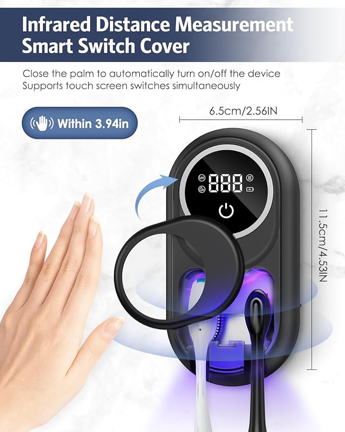 Toothbrush Sanitizer Holder, Upgraded UV Toothbrush Holder with Dual-Mode Clean & Fan Dry, LED Smart Screen, Auto-Inductive Cover, Toothbrush Wall Mounted Cleaner Organizer for Bathroom, Trip