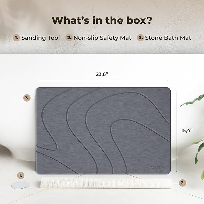 Stone Bath Mat Diatomaceous Earth Shower Mat Non-Slip Super Absorbent Diatomite Stone Bath Mats for Bathroom Floor Quick Drying Natural Easy to Clean (23.5 x 15) - Graphite