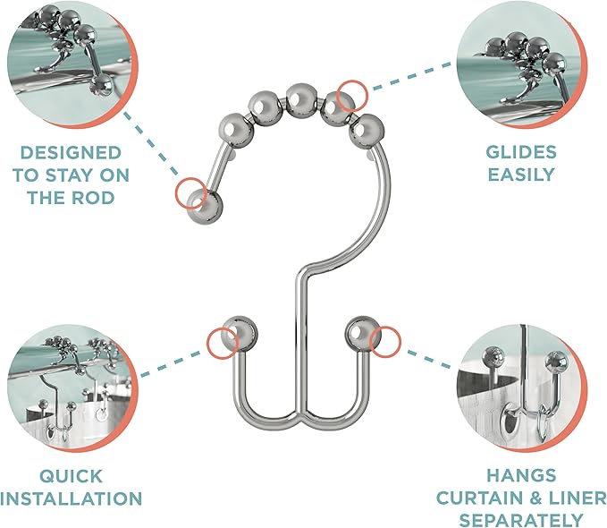 Zenna Home Shower Curtain Hooks, Chrome, Set of 12 – Premium Shower Curtain and Liner Rings with Double Roller Glide and Double-Sided Design – Rust Resistant