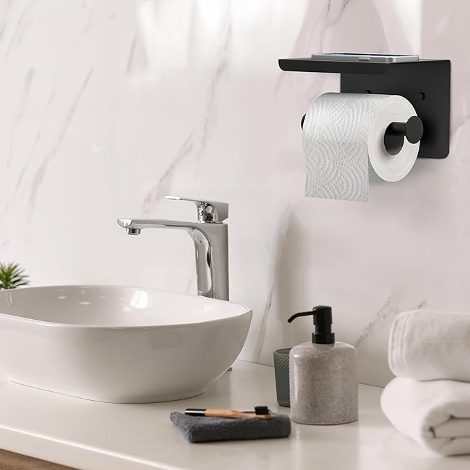 Matte Black Toilet Paper Holder with Shelf, SUS304 Stainless Steel Wall Mounted, Dual Installation Adhesive or Screw, Rustproof Modern Bathroom Tissue Roll Holder - 2 Pack