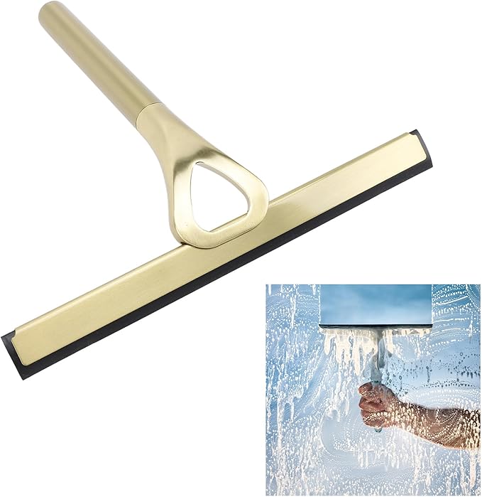 304 Stainless Steel Silicon Shower Squeegee Scrubber, Multifuntional Bathroom Cleaner Wiper for Shower Glass Door with Adhesive Hook, Mirrors, Bathrooms,Kitchens (Gold)