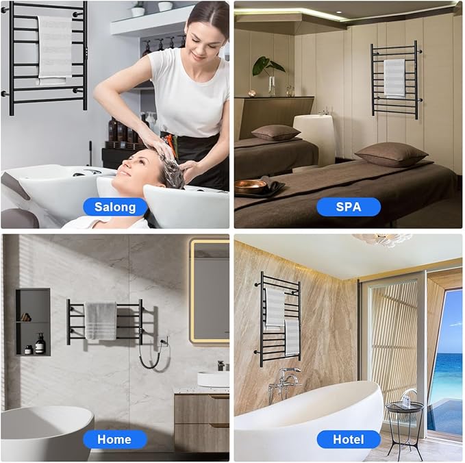 MENATT 12 Bars Heated Towel Warmer Racks Wall Mounted, Electric Heated Towel Rack for Bathroom,Towel Warmer Rack with Built-in Timer,Adjustable Temperature,Matte Black