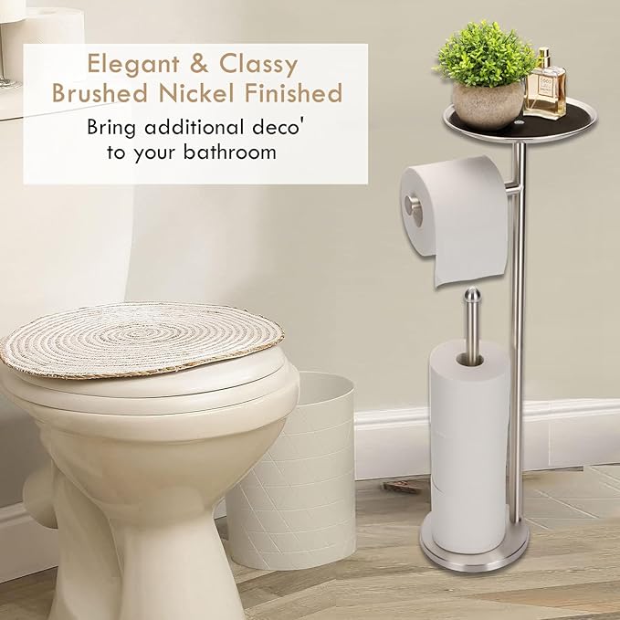 Toilet Paper Holder Freestanding with Big Shelf, 4 Rolls Reserve Paper Holder Stand, Modern Paper Roll Holder with Storage Space for Phones (Brushed Nickel)