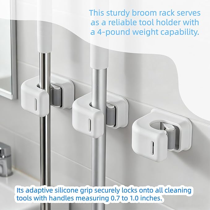 Broom and Mop Holder, 2 Pcs Wall Mount Mop Organizer Gripper Self Adhesive Anti-Slip Cleaning Suppliers Hanger Stands Rack for Bathroom, Garden, Kitchen, Garage Organization Storage
