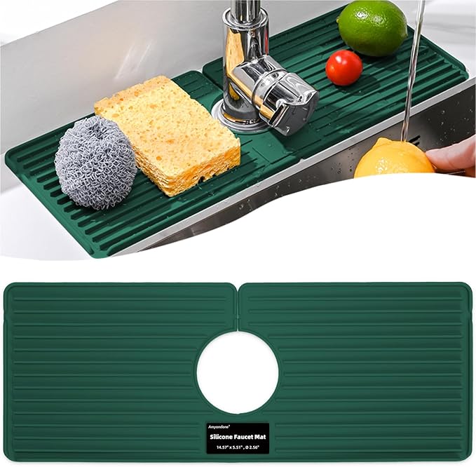 Faucet Mat for Kitchen Sink, Silicone Faucet Handle Drip Catcher Tray, Drying Mat as Sponge and Soap Holder with Lateral Inflow for Kitchen Bathroom Farmhouse & RV Sink Accessories (Green)