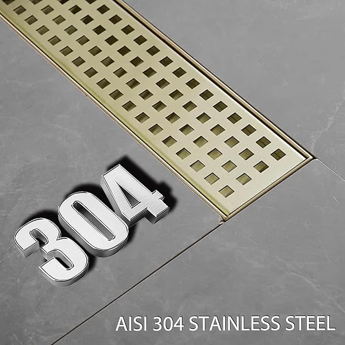 12 Inch Linear Shower Drain Bathroom Kitchen Golden Floor Drain Removable Capsule Pattern Cover Accessories Shower Drain 304 Stainless Steel Drain with Hair Strainer Adjustable Leveling Feet