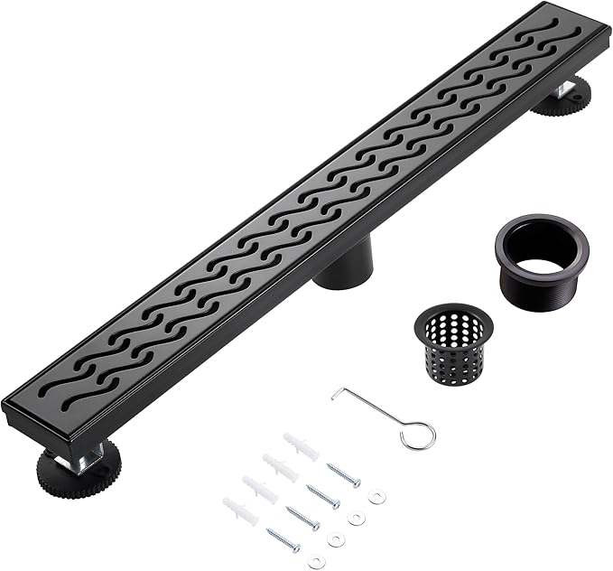 28 Inch Linear Shower Drain, Matte Black Shower Drain, Removable Grate, 304 Stainless Steel, Easy to Install and Clean for Bathrooms (Drain Base Not Included), LSD-08A-28B