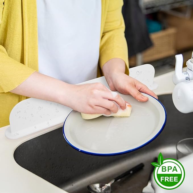 19.29 inch Silicone Sink Splash Guard, Splash Guard for Kitchen Sink Area, Backsplash Protector for Kitchen Countertop & Bathroom Bathtub with Non-Slip Strong Suction, White, Pack of 2