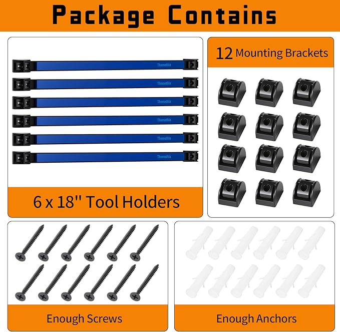18" Magnetic Tool Holder Strip, 6 Pieces Blue Metal Tool Organizer Rack with Stainless Steel Surface, Magnet Bar for Garage Workshop, Easy To Install with Mounting Screws