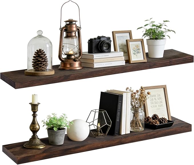 Floating Wall Shelf 48x6.8x1.7 Inch – Solid Wood Shelf in Walnut Finish – Extra Long Wall Mounted Rustic Display Shelf for Living Room, Kitchen, Bedroom, Office – Set of 2