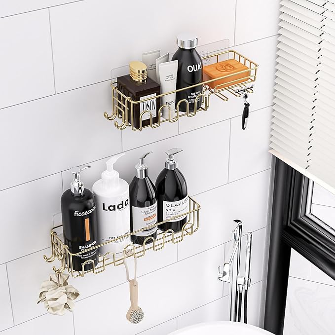 Adhesive Shower Caddy: 2 Bonus Hooks, 4-Pack Wall Mounted Bathroom Storage Shelf, Rustproof Metal Basket Organizer for Kitchen & Bathroom Drill Free Gold