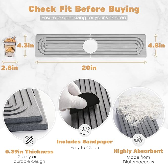 20''x4.8''Long Stone Faucet Mat for Kitchen Sink,Diatomite Quick Dry Kitchen Sink Splash Guard,Drying Stone Sink Tray,Super Absorbent,Sink Stone Quick Dry Around Faucet For Bathroom Counter-Light Grey