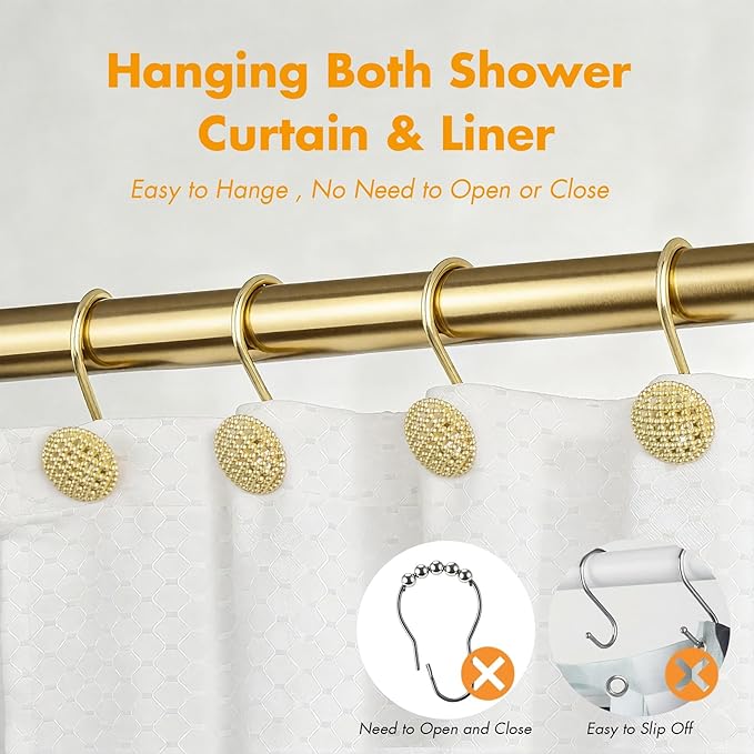 Pearlbee Gold Shower Curtain Hooks, Rustproof Shower Curtain Rings for Bathroom, Metal Shower Hooks for Shower Curtain Rod, Modern Decorative Shower Curtain Hangers Set of 12, Round Heavy Duty Design