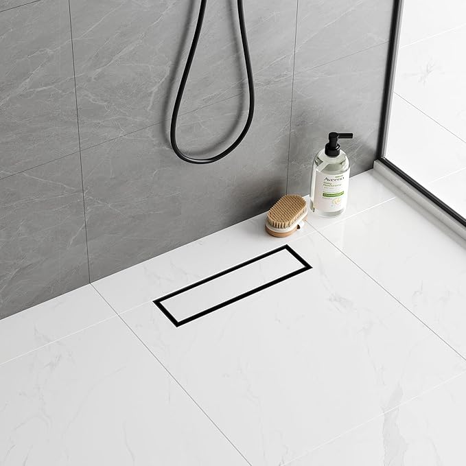 Neodrain 12-Inch Matte Black Linear Shower Drain, 2-in-1 Flat & Tile Insert Cover, Stainless Steel Linear Drain, Rectangle Shower Floor Drain with Hair Strainer, Shower Drain Base