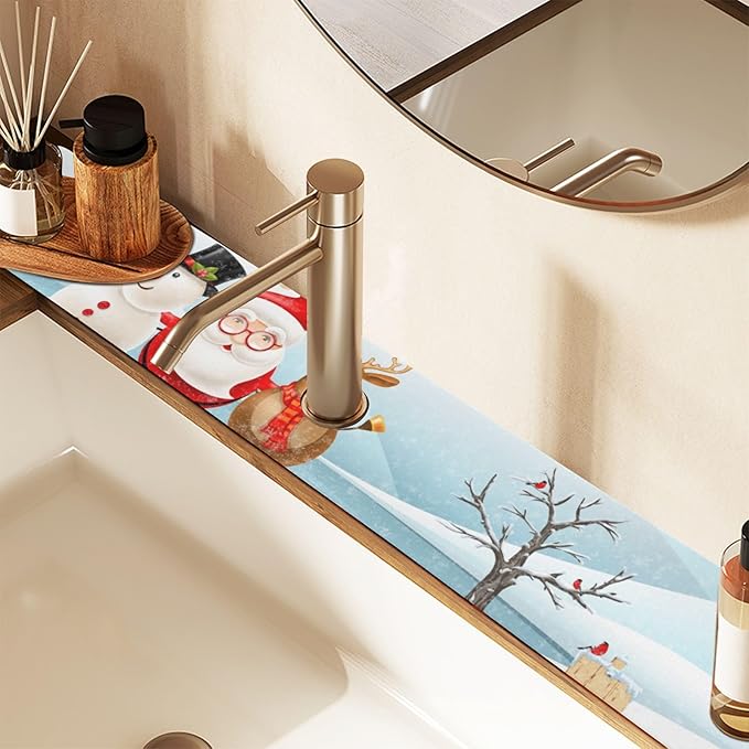 Kitchen Faucet Absorbing Mat Sink Splash Guard Behind Faucet Drip Catcher Trimmable for Bathroom RV Bar 14.7x5.4in 2PCS Christmas Snowman Winter