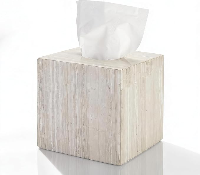 Natural Marble Tissue Box Holder Cover, Square Cube Tissue Box Holder with Open Bottom for Bathroom Vanity Tops, Bedroom Dressers, Kitchen Countertop, Gray Wood Grain (NS035)