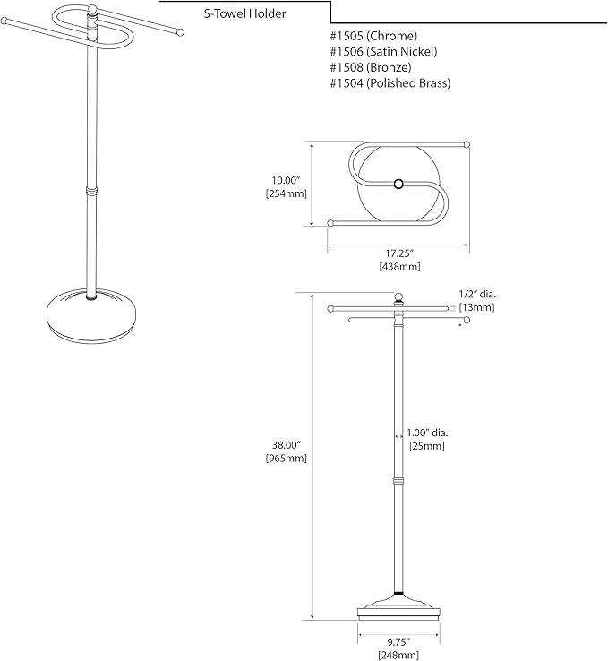 Gatco 1505, Modern Round Base Floor Standing S Style Towel Holder, Chrome / 38" H Freestanding Hand Bath Towel Stand for Bathroom