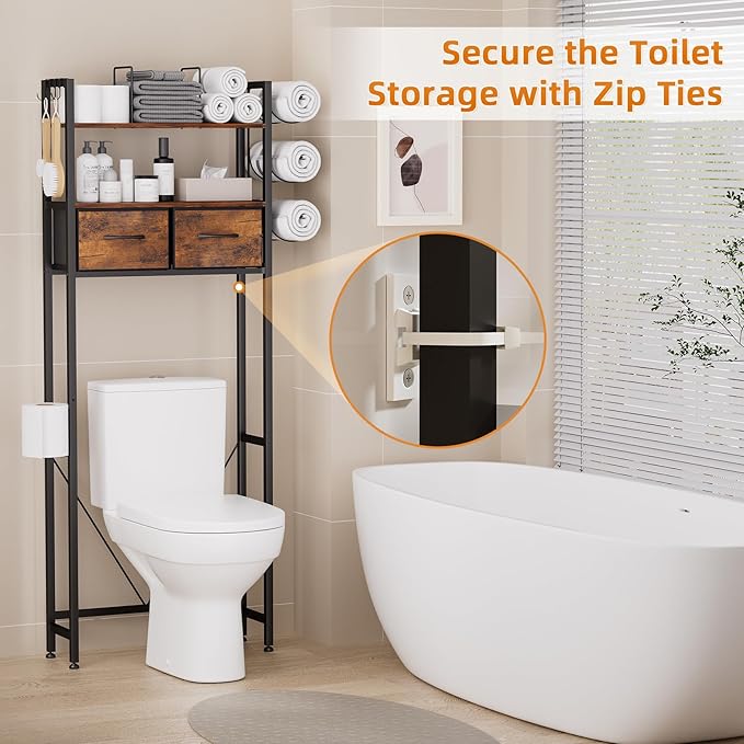 VITVITI Over The Toilet Storage Shelf, Above Toilet Bathroom Organizer with 2 Drawers, Adjustable Freestanding Toilet Storage with 3 Tier Towel Rack/4 Hooks, Farmhouse for Laundry Room (Brown)