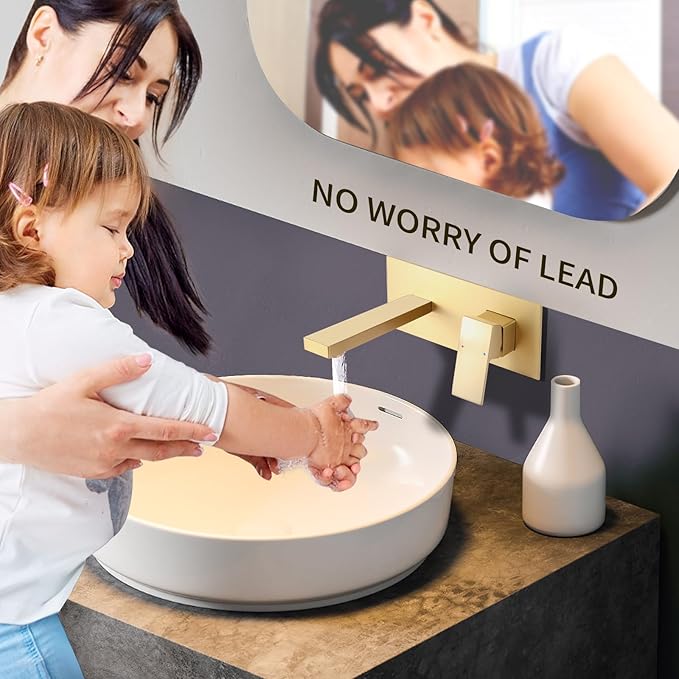 Wall Bathroom Faucet,Solid Brass Wall Mounted Single Handle Sink Tap,Modern Bathroom Wall Mount Faucet with Rough in Valve,Brushed Gold