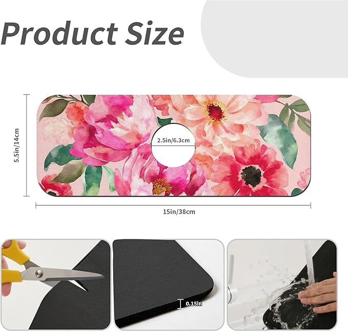 Kitchen Sink Splash Guard，Pink floral watercolor Faucet Mat Sink Gadgets-Super Absorbent Fast Drying Mat Drip Catcher for Kitchen, Bathroom,Sink Mat, Dish Drying Mat, Bathroom(15" X 5.5" )