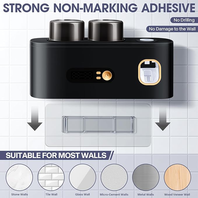 Toothbrush Holders Cleaner & Dryer for Bathroom,LXIANGN Smart Wall Mounted Toothbrush Holders with Countdown LED Screen,5 Toothbrush Slots,2 Cups and Toothpaste Dispenser (Black)