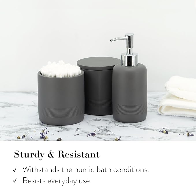 ZCCZ Gray Bathroom Accessories Set 6 Pieces - Toothbrush Holder, Lotion Dispenser, Qtip Container, Vanity Tray, Tumbler - Countertop Organizer for Bathrooms - Elegant and Functional Décor Set