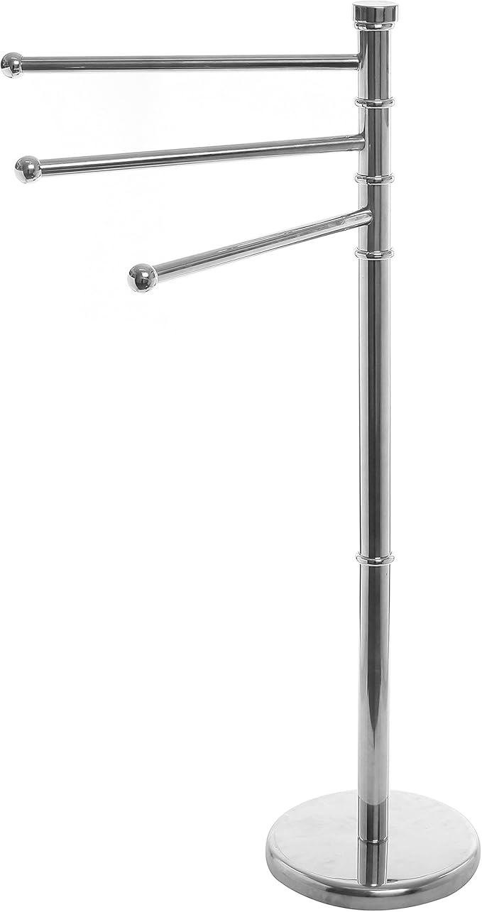 MyGift 38 Inch Silver Metal Freestanding Towel Rack for Bathroom with 3 Swivel Arms and Sturdy Round Base