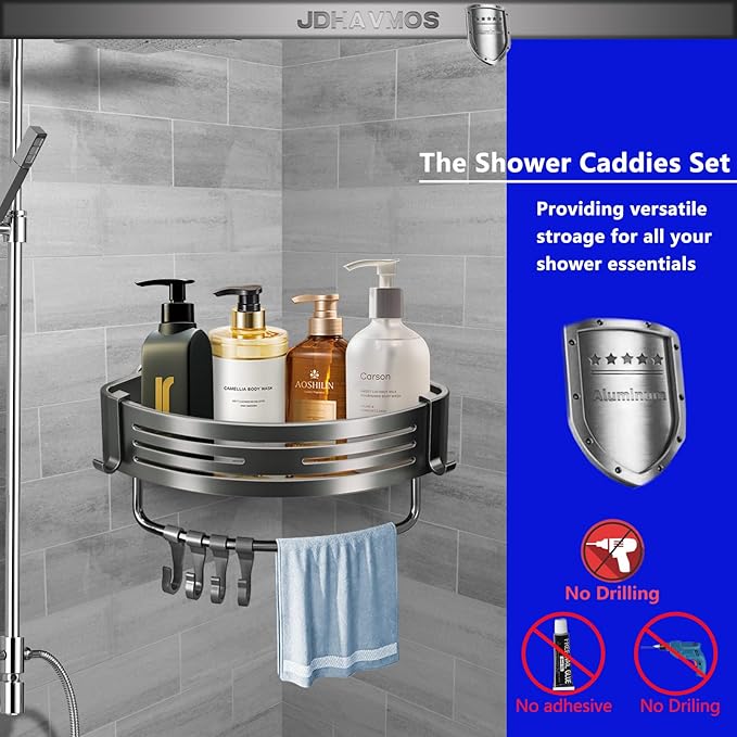 Suction Cup Shower Caddy - No Drilling Removable, Corner Shower Shelves - Aluminum Rustproof, Corner Shower Caddy with Towel Bar & Hooks for Bathroom Organizer (1-Pack Gunmetal Gray)