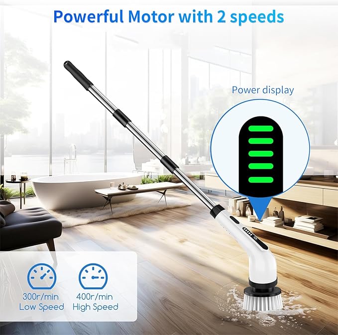 Electric Spin Scrubber Cordless Cleaning Brush with Extension Handle, 2 Adjustable Speeds, Shower Scrubber with 10 Replaceable Brush Heads, IPX7 Waterproof Power Scrubber for Bathtub Tile Floor, White