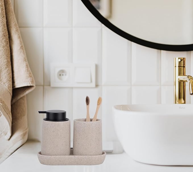 Beige Bathroom Accessories Set, 3 Pcs Resin Bathroom Accessories Complete Set, Sandstone Look Soap Dispenser with Large Pump, Toothbrush Cup, Soap Dish for Modern Home Decor and Kitchen