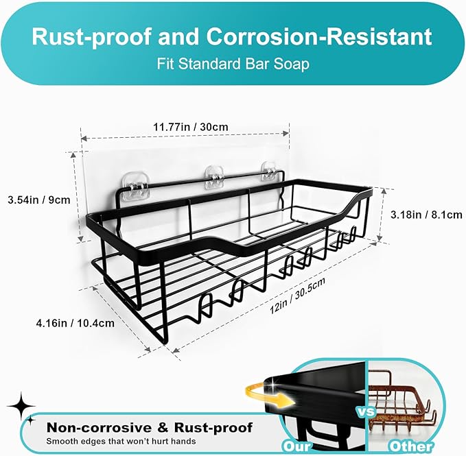 Shower Caddy with Hooks,Shower Shelf - 201 Stainless Steel Shower Rack,Anticorrosive,Rust-proof and Waterproof Bathroom Shelvs Storage and Organization - Black Shower Shelves