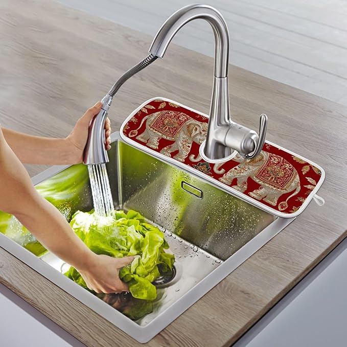2 PCS Kitchen Sink Splash Guard 14.9 Inch Faucet Mat for Kitchen Sink Bathroom Sink Faucet Absorbing Drip Drain Mat Pad Microfiber Soft Washable Retro Red Elephant Flowers