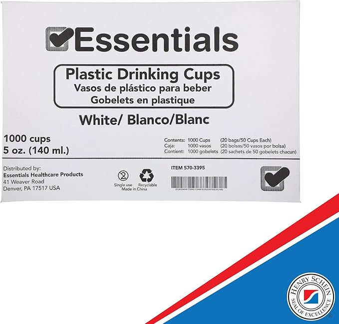 Essentials Healthcare Products Plastic Drinking Cups - Full Case of 1000 Cups - White 5 oz Disoposable Cups for Cold Beverages, Parties, Office, or Medical Use - Durable & Convenient