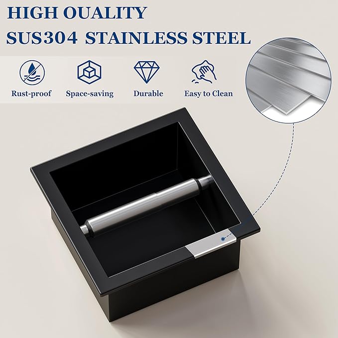 Toilet Paper Holder, SUS 304 Stainless Steel Recessed Toilet Paper Holder Built-in, in Wall Toilet Paper Wall Holder for Bathroom, Matte Black