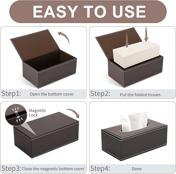KINGFOM Rectangular PU Leather Tissue Box Cover - Facial Tissue Paper Napkin Holder for Bathroom, Home, Office, Car Automotive Decoration with Magnetic Bottom(Brown)