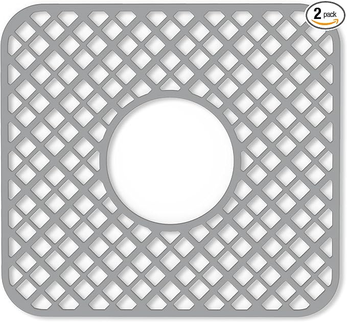 2 Pack Silicone Sink Protector for Kitchen Sink, Lozenge Pattern 12 x 11" Sink Grid Mat Silicone Protectors, Center Drain, Gray